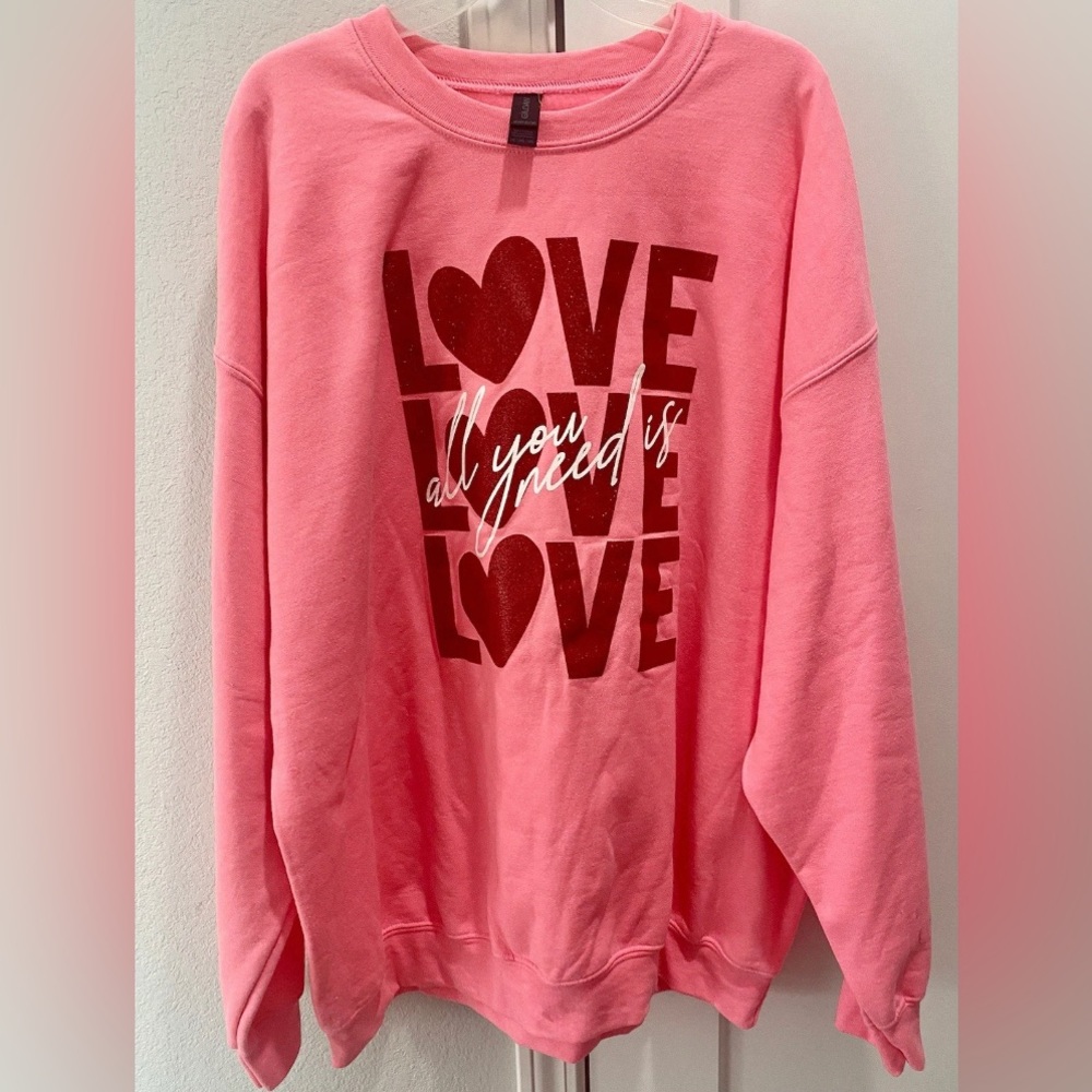 Women’s Valentine’s Hot Pink Gildan All You Need Is Love Plus Sweatshirt 2X - Picture 8 of 8